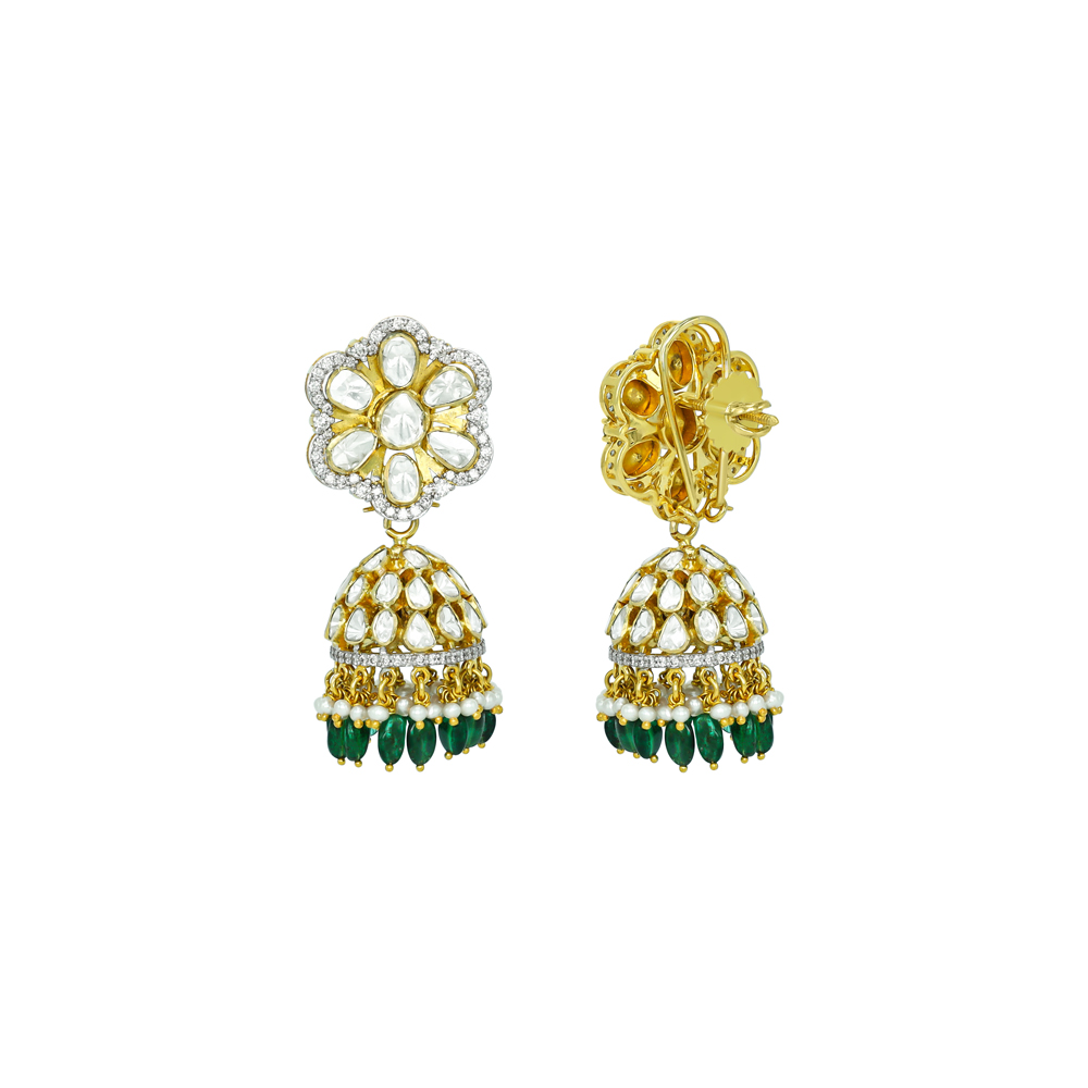 Floral Polki Jhumkis with Emerald Beads and Pearl Drops